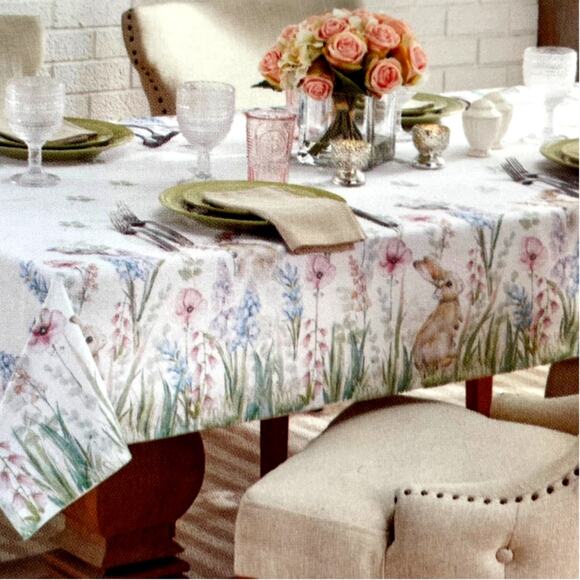 RACHEL ZOE Spring Tablecloth 60x120 Floral Bunnies Silver Glitter NEW - Picture 3 of 10